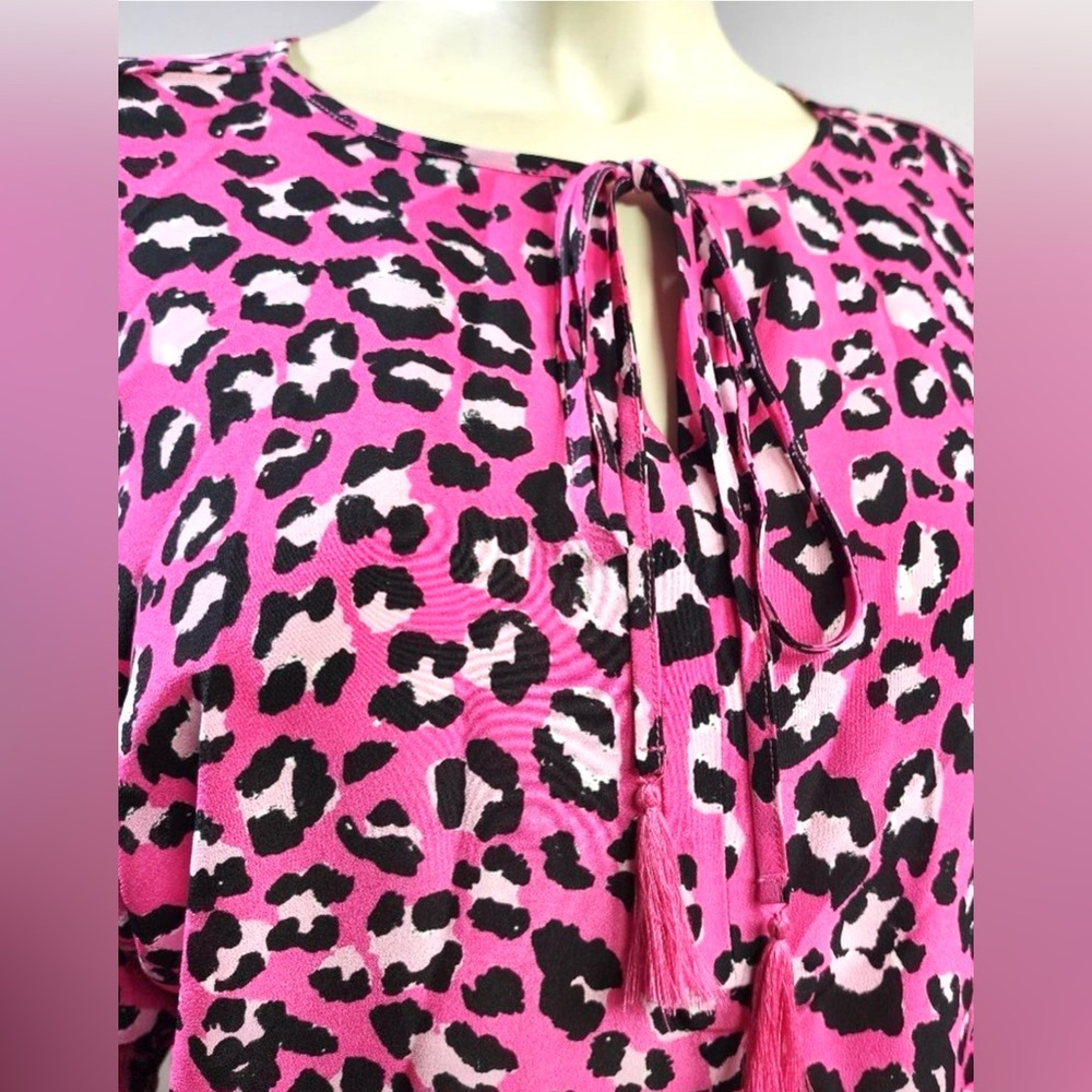 Pink Silk Leopard Print 3/4 Sleeve Girly Sexy Blouse SZ XS Semi Crop Bust 23”
